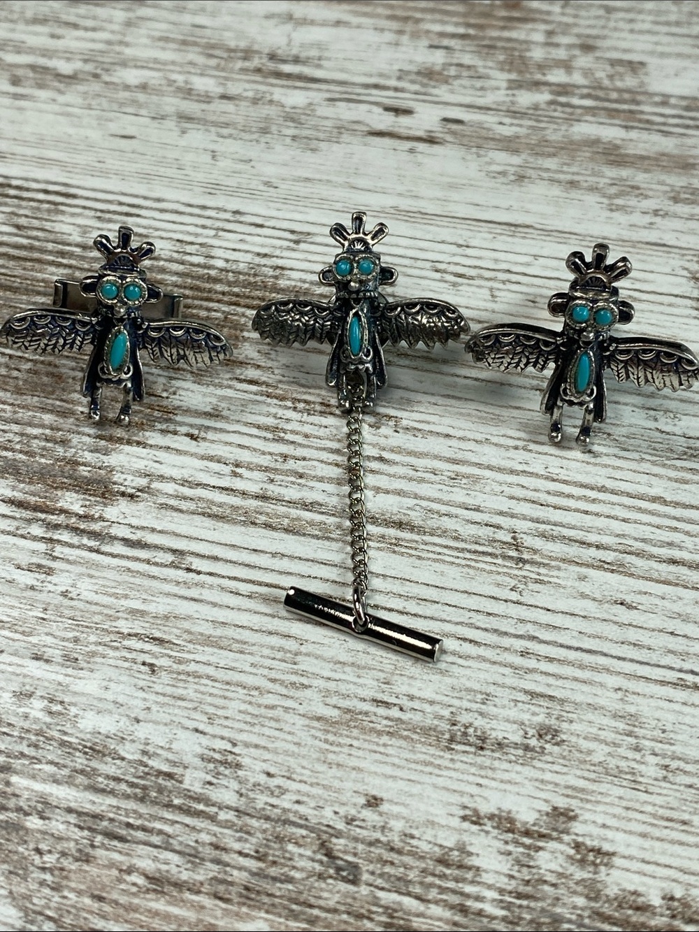 Vtg Thunderbird Kachina Cufflinks Tie Tac Set Faux Turquoise Fred Harvey Style